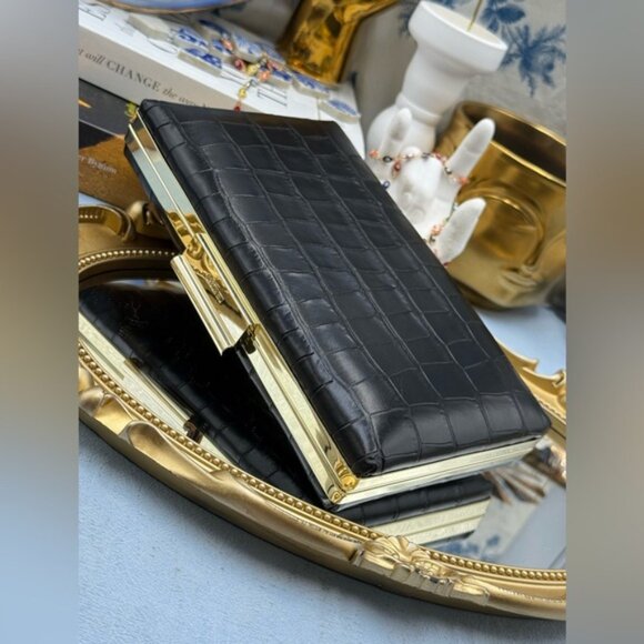 🆕 JASON WU 🧿 NWOT Black Croc Embossed Leather Clutch, with Gold Chain Strap - Picture 16 of 16
